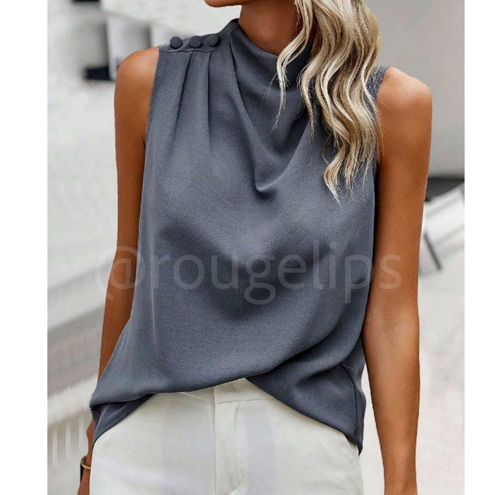 Gray Cowl Draped Pleated Neck Sleeveless Top Blouse Decorative Shoulder Buttons